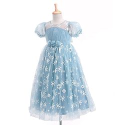 Babyhug Short Sleeves Snowflakes Printed with Corsage Frock - Frozen Blue