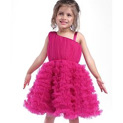 Babyhug Mesh Sleeveless Solid Color Party Frock - Fuchsia