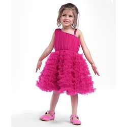 Babyhug Mesh Sleeveless Solid Color Party Frock - Fuchsia