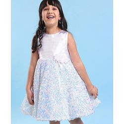 Babyhug Sleeveless Sequinned Fur Flare Party Frock with Floral Applique -White