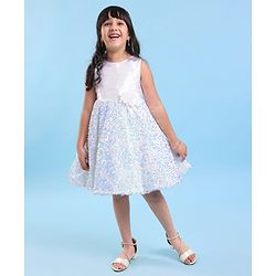 Babyhug Sleeveless Sequinned Fur Flare Party Frock with Floral Applique -White