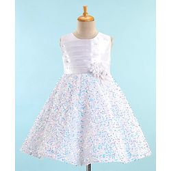 Babyhug Sleeveless Sequinned Fur Flare Party Frock with Floral Applique -White