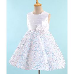Babyhug Sleeveless Sequinned Fur Flare Party Frock with Floral Applique -White
