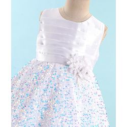 Babyhug Sleeveless Sequinned Fur Flare Party Frock with Floral Applique -White
