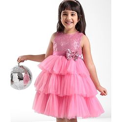 Babyhug Sleeveless Layered Party Frock With Sequin Embroidery & Bow Applique- Dusty Pink