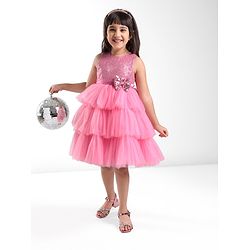 Babyhug Sleeveless Layered Party Frock With Sequin Embroidery & Bow Applique- Dusty Pink