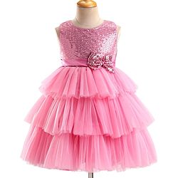 Babyhug Sleeveless Layered Party Frock With Sequin Embroidery & Bow Applique- Dusty Pink
