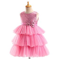 Babyhug Sleeveless Layered Party Frock With Sequin Embroidery & Bow Applique- Dusty Pink