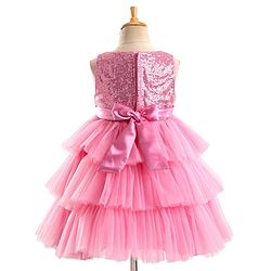 Babyhug Sleeveless Layered Party Frock With Sequin Embroidery & Bow Applique- Dusty Pink