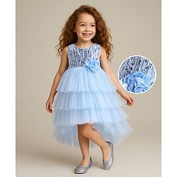 Babyhug Woven Sleeveless Sequinned Party Frock with Floral Applique -Powder Blue