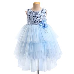 Babyhug Woven Sleeveless Sequinned Party Frock with Floral Applique -Powder Blue
