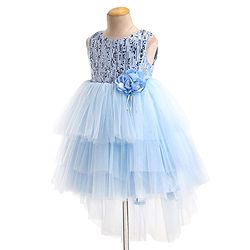 Babyhug Woven Sleeveless Sequinned Party Frock with Floral Applique -Powder Blue