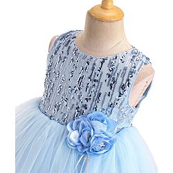 Babyhug Woven Sleeveless Sequinned Party Frock with Floral Applique -Powder Blue