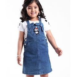 Babyhug 100% Cotton Knit Denim Frock With Half Sleeves Inner T-Shirt Panda Embroidery - Blue & White