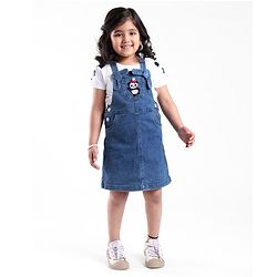 Babyhug 100% Cotton Knit Denim Frock With Half Sleeves Inner T-Shirt Panda Embroidery - Blue & White