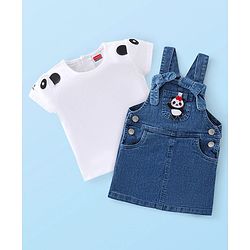 Babyhug 100% Cotton Knit Denim Frock With Half Sleeves Inner T-Shirt Panda Embroidery - Blue & White