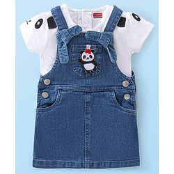 Babyhug 100% Cotton Knit Denim Frock With Half Sleeves Inner T-Shirt Panda Embroidery - Blue & White