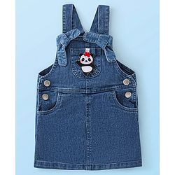 Babyhug 100% Cotton Knit Denim Frock With Half Sleeves Inner T-Shirt Panda Embroidery - Blue & White