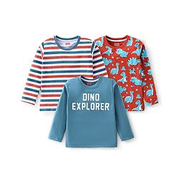 Babyhug Cotton Knit Full Sleeves Striped & Dino Printed T-Shirts Pack of 3 - Multicolour