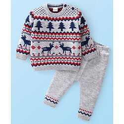 Babyhug Knitted Full Sleeves Reindeer Design Sweater & Pajama Set - Grey