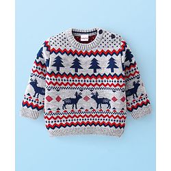 Babyhug Knitted Full Sleeves Reindeer Design Sweater & Pajama Set - Grey