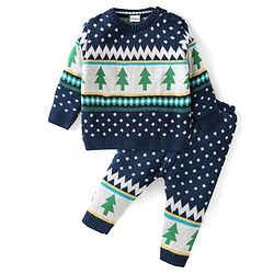 Babyhug Knitted Full Sleeves Baby Sweater Set Pine Tree Design - Navy Blue
