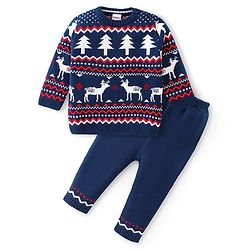 Babyhug Full Sleeves Baby Sweater Set with Reindeer Design - Navy Blue