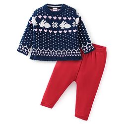 Babyhug Knitted Full Sleeves Sweater Set with Bunny Design - Navy Blue
