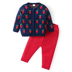 Babyhug Full Sleeves Baby Sweater Set with Strawberry Design - Navy Blue & Red