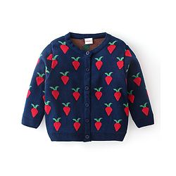 Babyhug Full Sleeves Baby Sweater Set with Strawberry Design - Navy Blue & Red