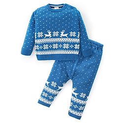 Babyhug Full Sleeves Sweater Set Reindeer Design - Blue