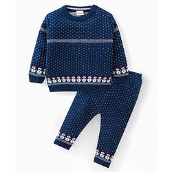 Babyhug Knitted Full Sleeves Sweater Set with Snowman Design - Navy Blue