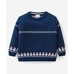 Babyhug Knitted Full Sleeves Sweater Set with Snowman Design - Navy Blue