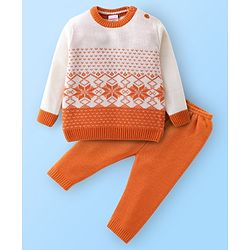 Babyhug Knitted Full Sleeves Sweater Set Floral Design - White & Orange