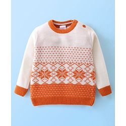 Babyhug Knitted Full Sleeves Sweater Set Floral Design - White & Orange