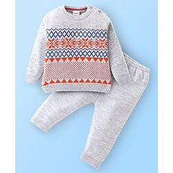 Babyhug Knitted Full Sleeves Sweater Set Floral Design - White & Orange