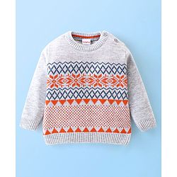 Babyhug Knitted Full Sleeves Sweater Set Floral Design - White & Orange