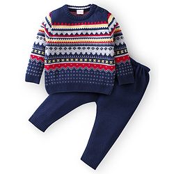 Babyhug Knitted Full Sleeves Sweater Set Ikat Design - Navy Blue