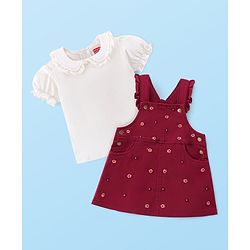 Babyhug Woven Knit Half Sleeves Inner Tee & Frock with Floral Embroidery - Maroon