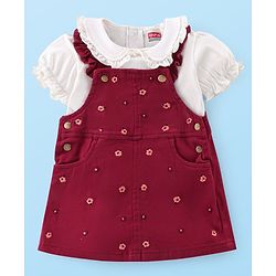 Babyhug Woven Knit Half Sleeves Inner Tee & Frock with Floral Embroidery - Maroon