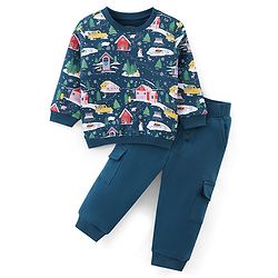 Babyhug 100% Cotton Knit Full Sleeves T-Shirt & Jogger Set With Christmas Theme - Blue