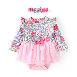 Babyhug 100% Cotton Full Sleeves Frock Style Onesie With Headband Floral Print - Pink