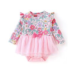 Babyhug 100% Cotton Full Sleeves Frock Style Onesie With Headband Floral Print - Pink