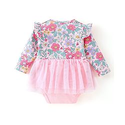 Babyhug 100% Cotton Full Sleeves Frock Style Onesie With Headband Floral Print - Pink