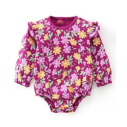 Babyhug 100% Cotton Knit Full Sleeves Onesie  Floral Print - Purple