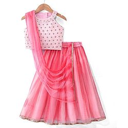 Babyhug Sleeveless Sequenced Embroidered Net Choli Lehenga and Dupatta - Pink & Peach