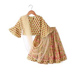 Babyhug 100% Cambric Bell Sleeve Printed Lehenga Choli And Dupatta Set With Mirror Embroidery Detailing- Light Green