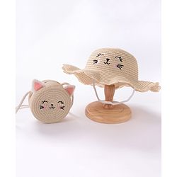Babyhug Straw Hat with Purse Cat Design - Beige