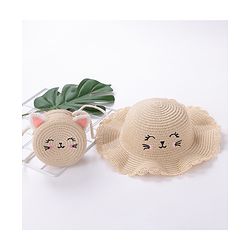 Babyhug Straw Hat with Purse Cat Design - Beige