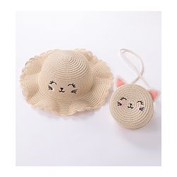 Babyhug Straw Hat with Purse Cat Design - Beige